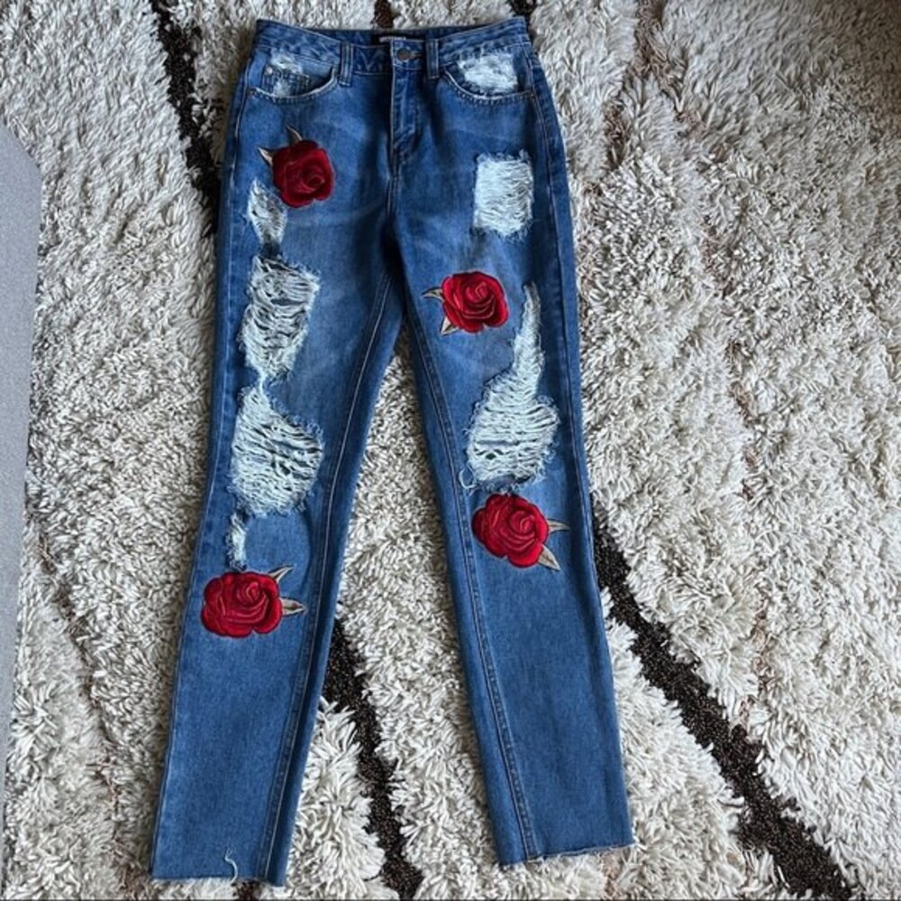 Misguided Blue Riot Embroidered Rose Ripped Mom Jeans 8 - Picture 3 of 9